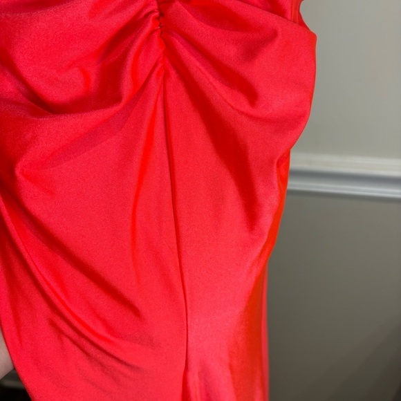 La Femme 29020 Plunging V-neck Ruched Prom Sheath Dress Neon Coral 0 - Picture 13 of 14